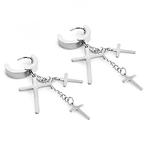 JewelrieShop Cross Tassel Stainless Steel Urban Huggie Hinged Hoop Dangle Earrings3