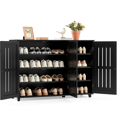Yaheetech Shoe Cabinet with 3 Doors, Adjustable Shoe Organizer 4 Tier Shoe Rack Shelves, Freestanding Shoe Storage Cabinet for Entryway, Bathroom, Living Room, Black