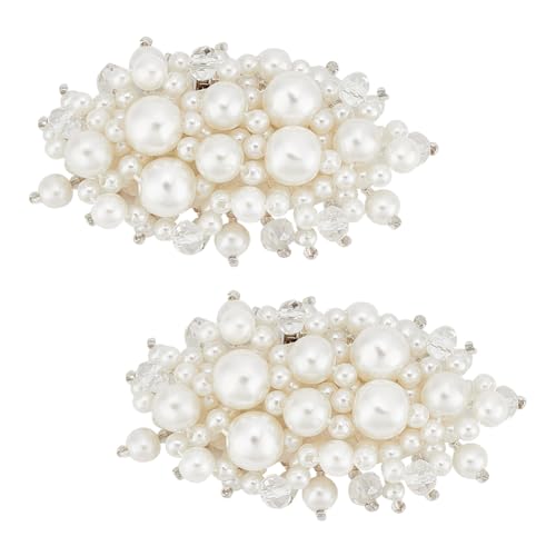 FINGERINSPIRE 1 par de pinzas para zapatos de flores de perlas de 3,7 x 6,4 cm, color blanco, para novia, boda, floral, con cuentas de cristal, desmontables, hechos a mano, clips de hebilla para