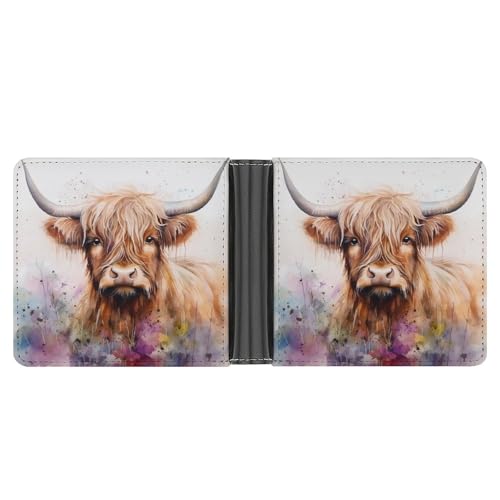 Highland Cow Watercolour Funny Billfold Wallet Credit Card Holder Slim Passcase Pouch Purse for Men Women