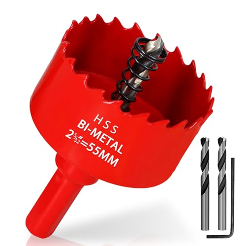 KACNON Seghe a Tazza Bi-Metallica 55 mm, M42 HSS Sega A Tazza Trapano, con Adattatore Esagonale e Punta di Centraggio, per Forare Plastica, PVC, Legno, Fibra di Legno, Metallo Dolce, Rosso