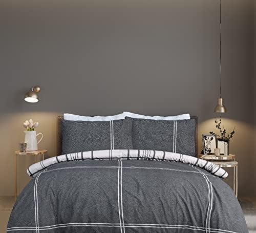 Sleepdown 100% Pure Cotton Check Natural Black Reversible Duvet Cover Quilt Pillow Cases Bedding Set Soft Easy Care - King (230cm x 200cm)