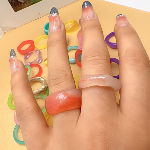 Bearjia 21/30Pcs Resin Rings, Colorful Cute Acrylic Rings For Women Teen Girls, Chunky Aesthetic Trendy Stackable Plastic Rings Set,Thick Rings, Size 6 7 8 9 (B-30Pcs,Resin Rings) #TOP5