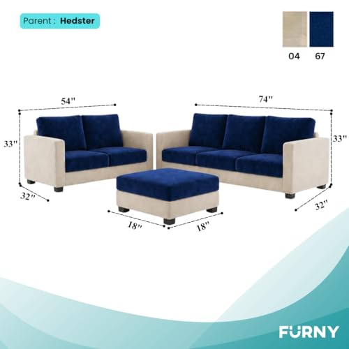 Image of FURNY Haster 3 Seater + 2 Seater Fabric Sofa Set with 1 Ottoman (Dark Blue-Cream) with Velvet Finish | Durable Comfort | Ideal for Living Room