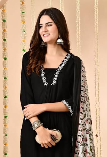 Image of Amazon Brand - Tavasya Women Cotton Anarkali Kurta Pant Dupatta Set | Printed Ethnic Suit Set | Flared Anarkali Kurta with Pant & Dupatta | Festive & Casual Wear