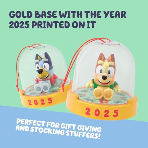 Image of Bluey Ornament Pack of 2, Poseable Mini Figures in Sweaters | Converts from tree decoration to toy figure, gold base, 2025 dated; Bluey Christmas gift for kids ages 3+
