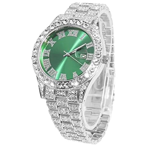 HALUKAKAH Diamonds Gold Watch Iced Out, Men's Platinum White Gold Plated 42MM Width Green Dial Quartz Wristband 24cm, Free Giftbox Cover