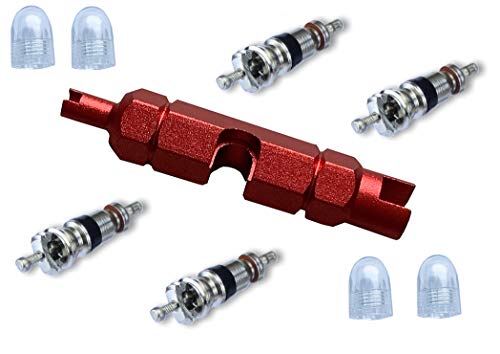 GreVeloro® Ventilschlüssel SV + AV mit 4 original Schwalbe AV Ventileinsätzen und 4 transparenten Ventil-Kappen 9 teiliges Fahrrad Reifen Wartungs-Set Cover