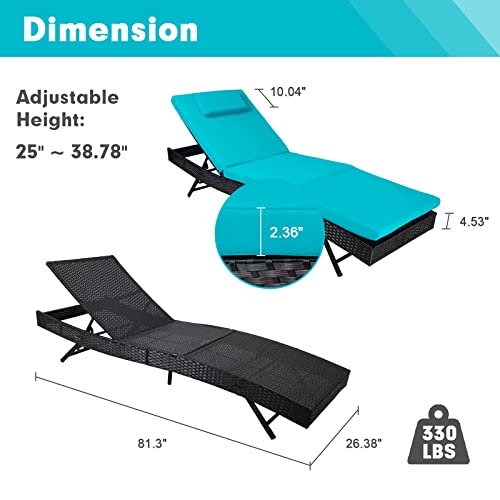 Suncrown 2-Piece Outdoor Chaise Lounge Patio Lounge Chair Sets - Black Wicker Adjustable Back Reclining Chair With Cushion For Poolside, Garden, Backyard - Blue #TOP2