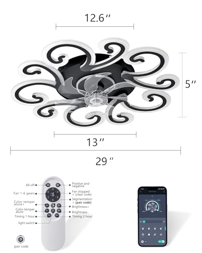 Rjieoc Remote-Controlled Ceiling Fan with Light, Modern Ceiling Fan with Lighting, Stepless Dimming with Color Temperature Adjustment, 6-Speed Settings, Suitable for Bedrooms and Living Rooms (Black) - image 4
