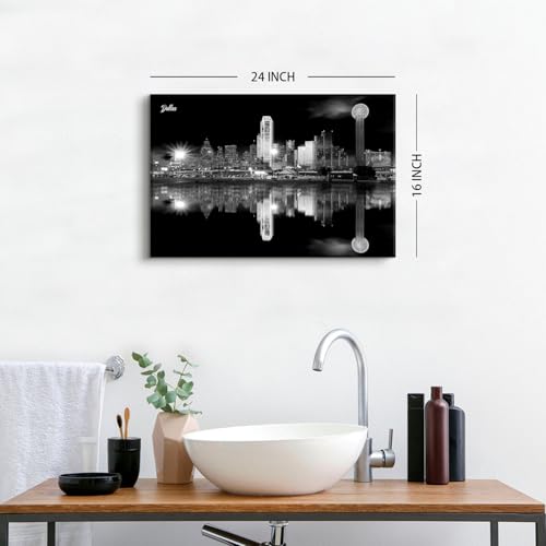 Image of Night Cityscape Wall Art for Bedroom Black and White Wall Decor State of Dallas Texas Skyline Pictures Canvas Prints Modern City Downtown Poster Artwork for Living Room Decoration 16x24 inch Ready to Hang