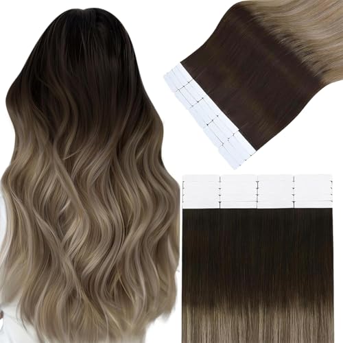 Image of Easyouth 24 Inch Tape in Hair Extensions Human Hair Ombre Tape Extensions Human Hair Brown Balayage Blonde Hair Extension Real Human Hair Tape in for Long Hair 50g 20pcs Seamless Tape in Extension