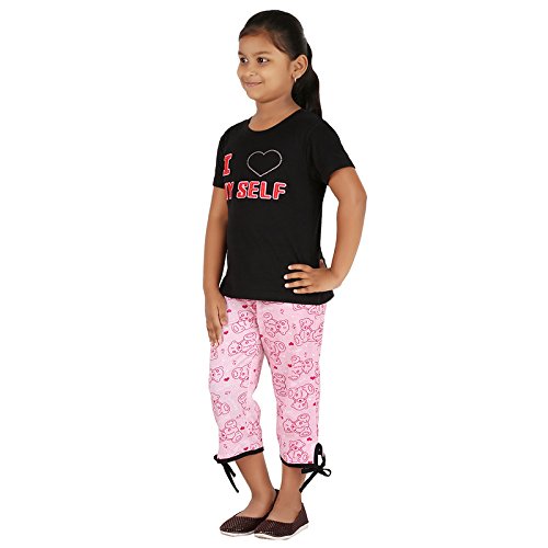 FICTIF Girl's Cotton Printed Capri Set Pack of 1 (FG303ILOVE-11-12_Black & Pink_11-12 Years) 1