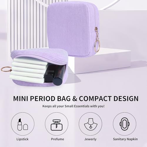 Image of Sanitary Napkin Storage Bag, Preppy Corduroy Period Bag for Women, Cute Portable Period Pouch with Zipper, Sanitary Pads Bag Tampons Holder for Purse, First Period for Women Ladies