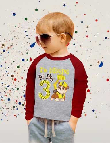 Image of Tstars Paw Patrol Rubble 3rd Birthday Baseball Tee Toddler Boy 3 /4 | Soft raglan Rubble digging tee for turning three; great for 3rd birthday, construction party, photo gift