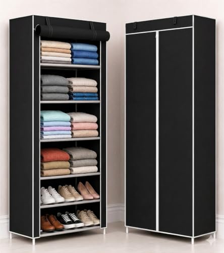 Image of Collapsible Fabric Wardrobe with 6 Shelves, Navy Blue, Metal, Rectangular, Lightweight, Modern, Foldable Clothes Storage Organizer (Black)