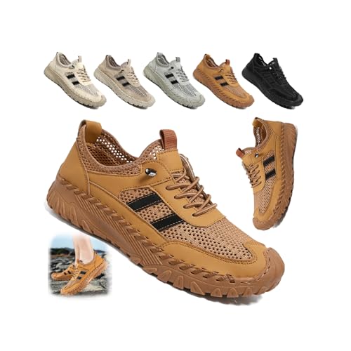 Zenfaze Men's Slip-On Orthopedic Leather Hiking Shoes,Summer Handmade Breathable Outdoor Lightweight Mesh Casual Sneakers