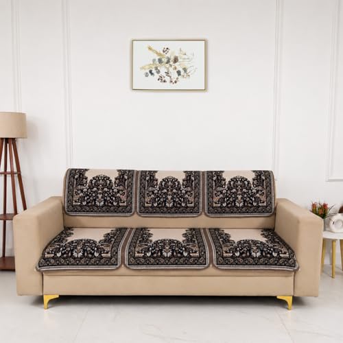 Image of Homerz Premium 'Maharaja Paradise Series' Sofa Cover | Net Fabric Sofa Cover | Washable, Anti-Dust Backed & Wrinkle Resistant Cover (Beige Empress, 7 (3+2+2) Seater, Seat Cover with Backrest)