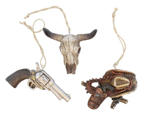 Large Western Ornament Set - 3 Pc. Realistic Bull Skull, Six Shooter Revolver & Cowboy Hat with Pistol Belt