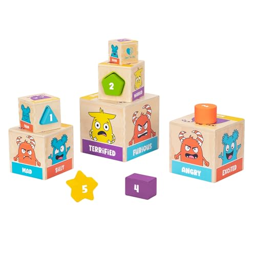 Image of Open The Joy Wooden Tower of Emotions - Stacking Emotional Learning Toy for Toddlers | 5 Emotion Face Blocks + 5 Shape Sorting Blocks | Montessori Toy for Early Development | Ages 12 Months+