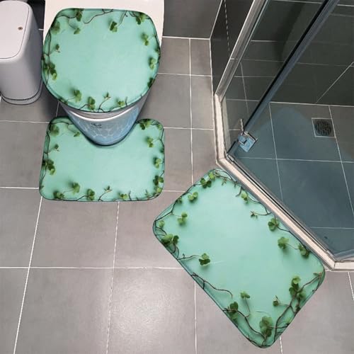Tapete de baño elegante con hojas verdes, antideslizante, 3 piezas, tapete absorbente de agua, en forma de U, lavable a máquina, tapete mate para baño, 45 x 75 cm