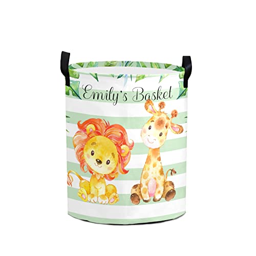 Lion and Deer Personalized Freestanding Laundry Hamper, Custom Waterproof Collapsible Drawstring Basket Storage Bins with Handle for Clothes