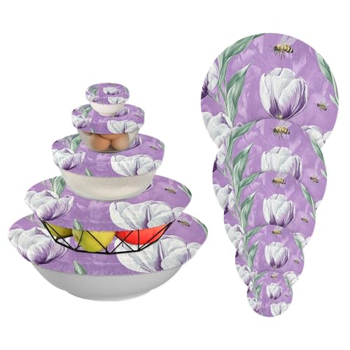 5 fundas elásticas reutilizables elásticas en 5 tamaños para tazones, tapas de masa madre para pan para una frescura duradera (morado floral rústico)