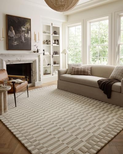 Image of Modern (High Low Pile) Pattern Wool Carpet with Loop Texture Yarn Anti Shedding Carpet Size 5x8 Feet B0 Beige Ivory Color