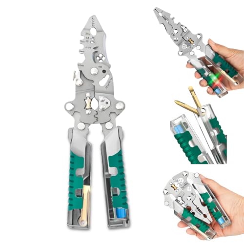 18 in 1 Wire Stripping Pliers - Folding Stylus Screwdriver Wire Stripper - Built-In Voltage Tester Screwdriver - Compact Multi-tool Electrician Pliers (Green)