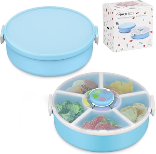 JOOPETALK Kids' Rotating Snack Container Set – 2-Pack, Includes 1 Rotating Snack Container & 1 Round Sectioned Snack Box, BPA-Free, Dishwasher Safe, Perfect for Travel-Blue Set