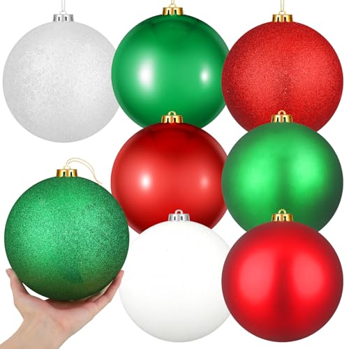 Jenaai 6 Inch Large Christmas Ball Ornaments Giant Jumbo Shiny Christmas Ornament Extra Large Balls with String and Cap for Lawn Yard Decoration(Green, Red, White,8 Pcs)
