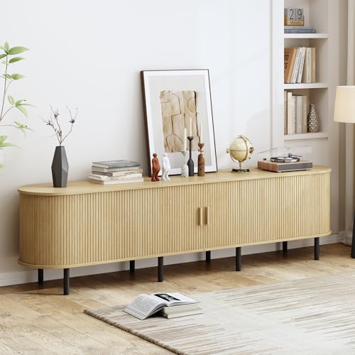 Image of 86.6 inch TV Stand with Power Outlet, Mid-Century Modern Television Stand, Fluted Media Console with Sliding Doors, Entertainment Center for TVs up to 90 Inch, Adjustable Shelves, Oak