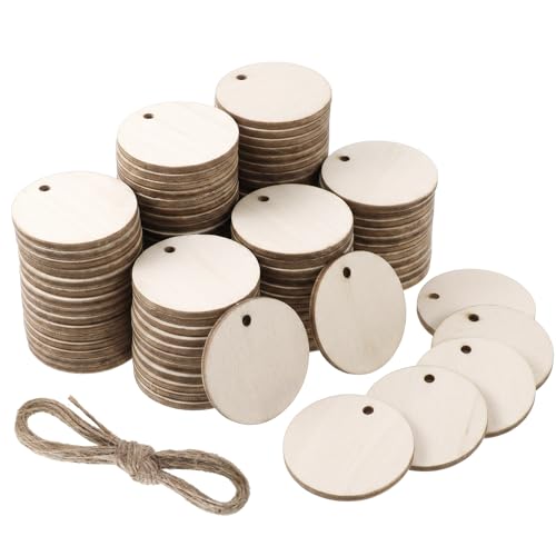 50 Pcs Round Wooden Circles for Crafts Round Wooden Discs with Holes 1.57 Rounds Woodens Circle with Holes Rounds Woodens Discs for Craft with Twine for Party DIY Craft Christmas Ornaments Hanging