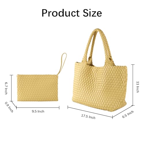 Image of Woven Tote Bag for Women Vegan Leather Handwoven Bags with Small Purse (Yellow)