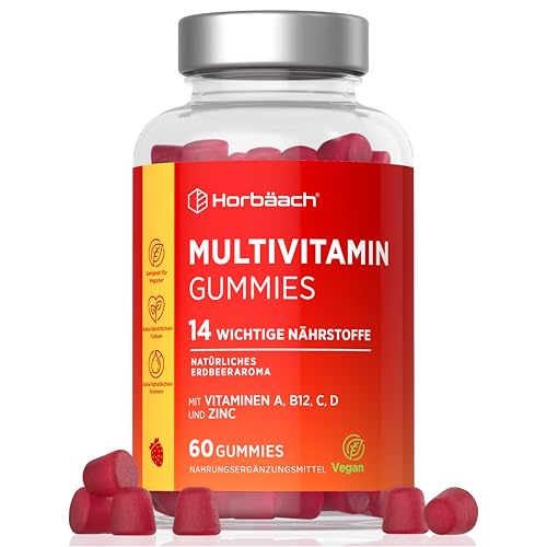 Multivitamin Gummies | 14 Vitamine und Mineralstoffen mit Jod, Vitamin C, A, D, E, Biotin, Zink & mehr | 60 Gummibärchen für Erwachsene | Natürliche mit Erdbeergeschmack | Horbaach