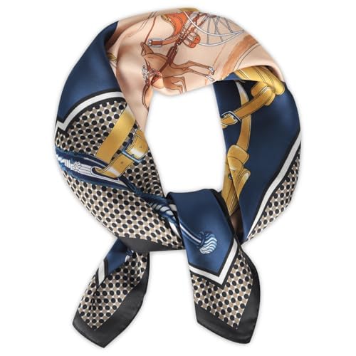 EXTREE Silk Feeling Scarf Medium Square Satin Head Scarf Sleeping Hair Wrapping for Women 27.5 × 27.5 inches Back Horse Frame Blue