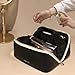 Prite Makeup Bag for Women Travel Waterproof Vegan Leather Cosmetic Bag Open Flat Toiletry Bag With Clear Divider and Handle (Large Black)
