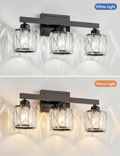 Image of VOLISUN Crystal Vanity Lights for Bathroom, 3 Light Bathroom Vanity Light, Modern Matte Black Bathrooms Light Over Mirror, Black Bathrooms Lights Fixtures-UL Certificated(Exclude Bulb)