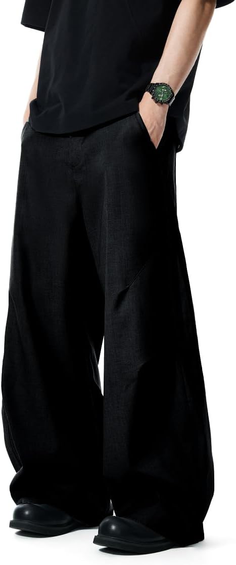 Men's Baggy Wide Leg Pants Zipper Fly Pleated Dress Pants Business Casual Long Trousers with Pocket