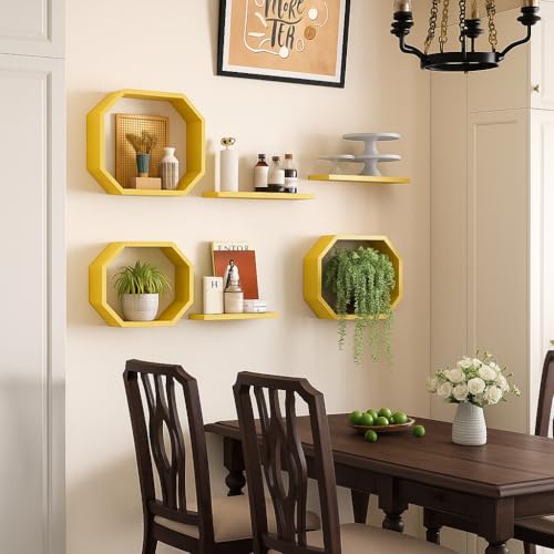 Image of Wall Mounted Floating Shelves Set of 6, Multipurpose Display, Book, Storage & Decor Shelves, Octagon Shape Wooden Wall Shelf for Living Room, Bedroom, Kitchen (Yellow)