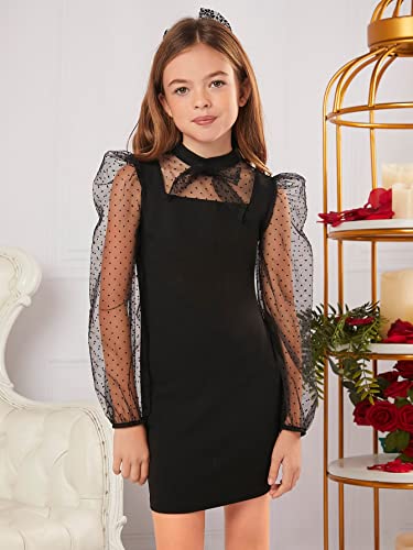 Wdirara Girl's Polka Dots Print Mesh Tie Neck Sheer Puff Sleeve Bodycon Party Mini Dress Black 9Y #TOP3
