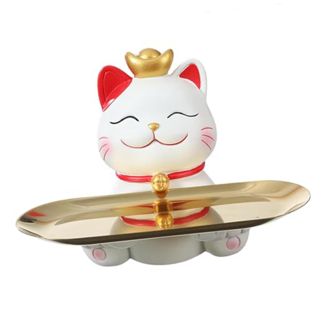 Statue de chat porte-bonheur Cosmin en résine avec plateau de table
