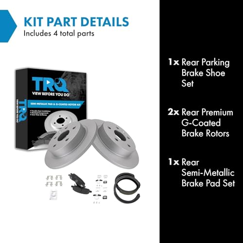 Image of TRQ Rear Brake Pad and Rotor Set Semi Metallic Coated Rotors Parking Shoe Compatible with 2006-2010 Cadillac DTS