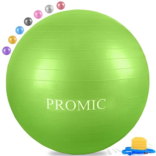 PROMIC Exercise Ball (65 cm) with Foot Pump, Professional Grade Anti Burst & Slip Resistant Stability Balance Yoga Ball for Yoga, Workout, Cardio Drumming, Classroom, Work Ball Chair (Green)