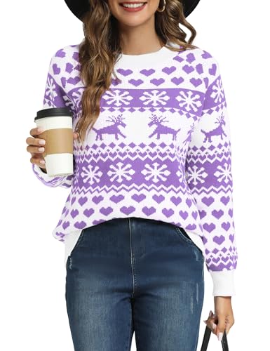 LYHNMW Women's Ugly Christmas Sweaters Snowflake Reindeer Long Sleeve Holiday Knit Xmas Sweater Pullover Tops