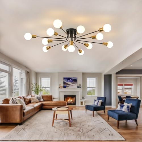 Dukinpam Black and Gold Oversized Semi Flush Mount Ceiling Light Fixture 13-Lights Modern Large Sputnik Chandelier for Office Living Room Bedroom Dining Room Kitchen