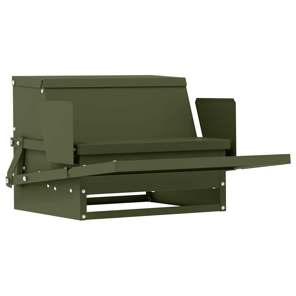 Alimentador de pedal para gallinas de acero verde oliva 50 x 40 x 29 cm, dispensador de alimentación gallina exterior, alimentador de aves de corral práctico con mecanismo automático
