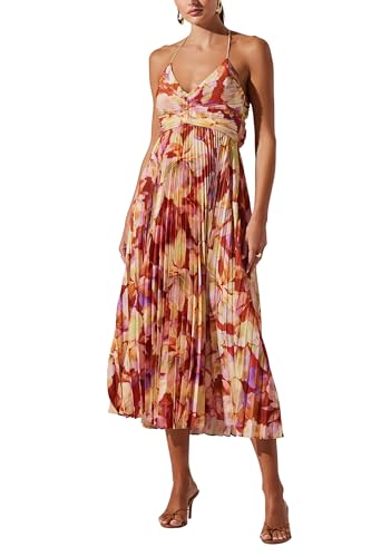 ASTR the label Women's Blythe Strappy Tie-Back Pleated Plisse Midi Dress (Rust Yellow Floral, Small)