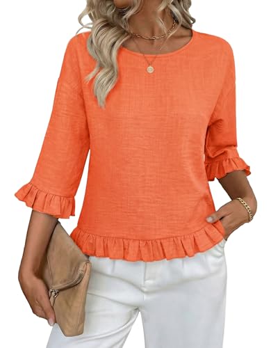 siliteelon Womens 3/4 Sleeve Tops Summer Tshirts Ruffle Flowy Crew Neck Dressy Casual Blouses 2026 Trendy Cute Work Outfits-Orange L