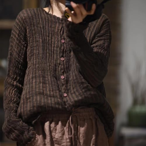 NFYM Womens Button Down Shirts Gauze Linen Dress Shirt Long Sleeve Pleated Stripe Tunic Tops3